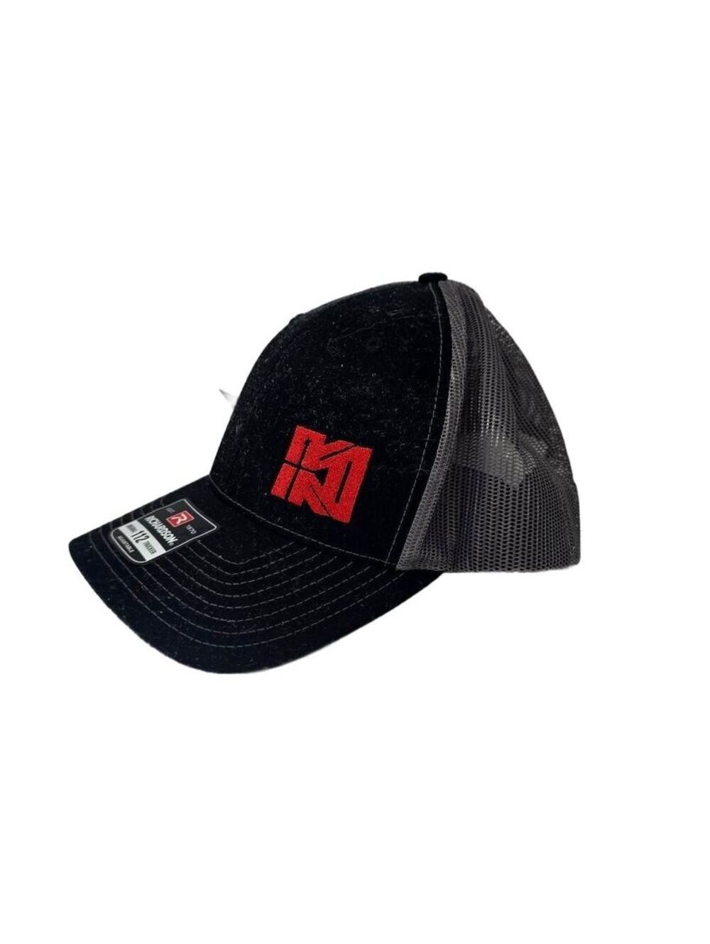 Richardson 112 Trucker Hat Snapback Cap Black Gray Mesh Red Geometric Logo OSFM